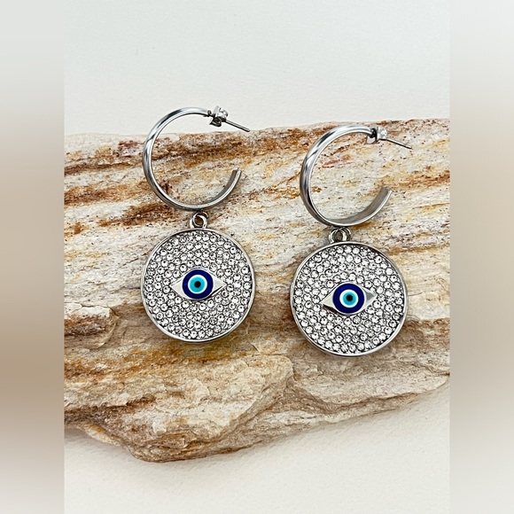 Elegant Evil Eye Pendant Hoops - Protection Evil Eye Zircon Hoop Earrings - Picture 4 of 9